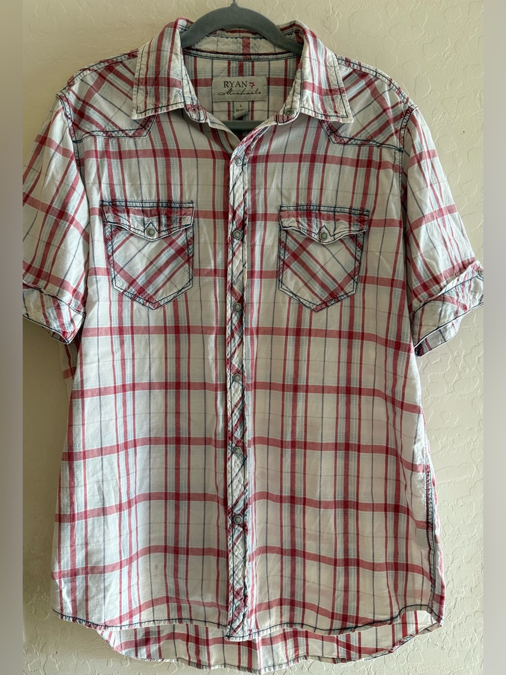 Ryan Michael. Large, short-sleeve plaid western snap shirt